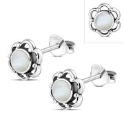 Large Mother of Pearl Flower Stud Silver Earrings, e334